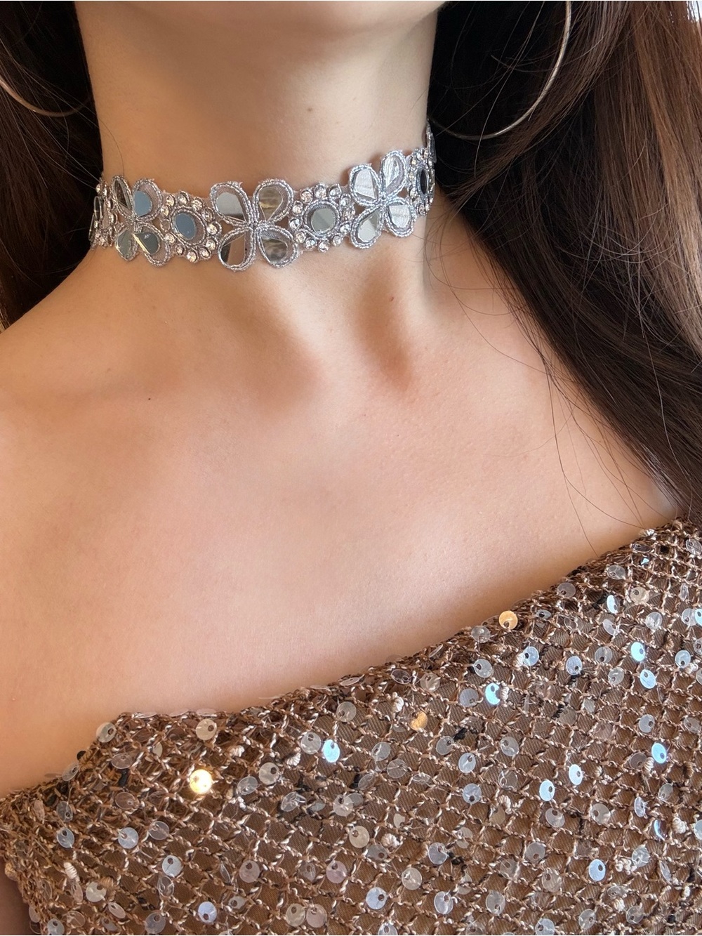 Silver Floral Mirror Choker Necklace - Women Jewelry